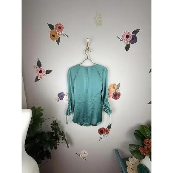 Diane Von Furstenberg Teal Gathered Front Satin V-Neck Blouse - Size - 2 - Picture 3 of 5